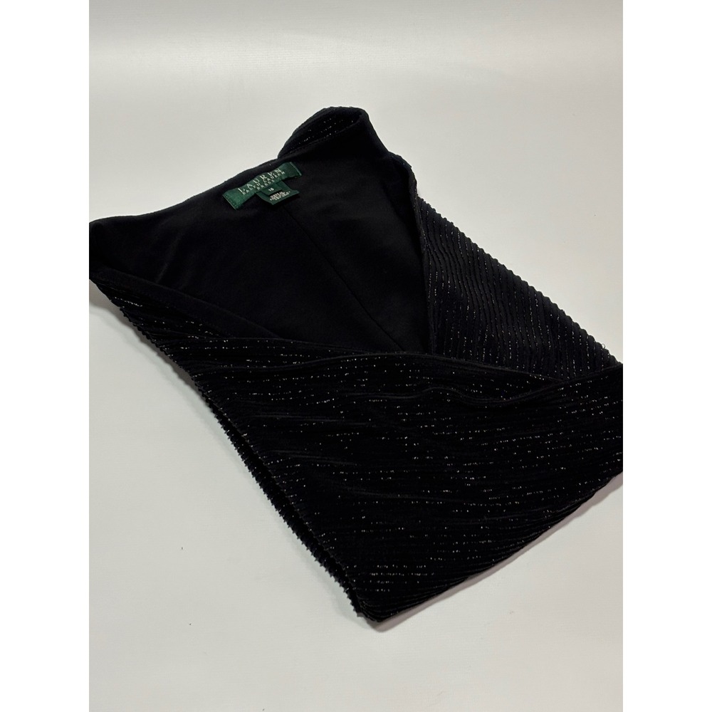 Lauren Ralph Lauren Dress Sz 16 Black Metallic Faux Wrap Ruched Sheath Shimmer - Picture 10 of 11